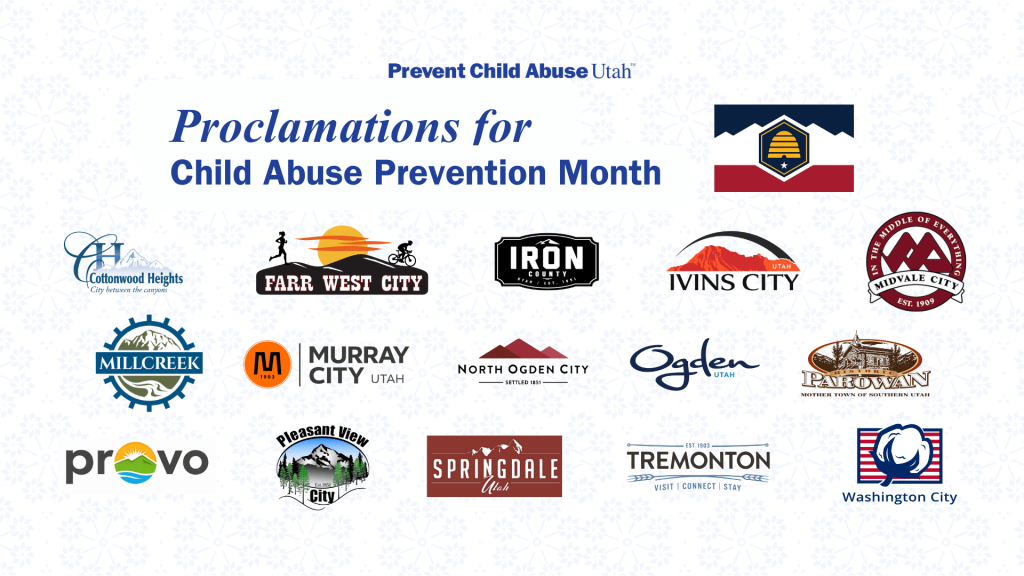 Banner reading “Proclamations for Child Abuse Prevention Month” from Prevent Child Abuse Utah, with logos representing multiple Utah cities and counties showing community support for the initiative.
