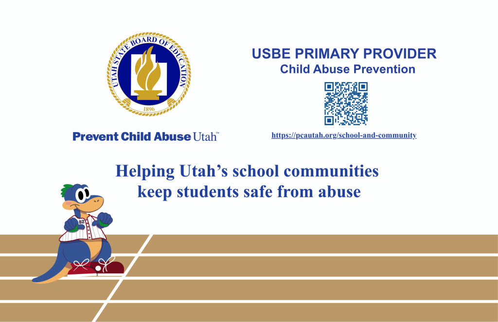 The USBE logo and Prevent Child Abuse Utah logo with a QR code to a webpage to schedule your school and a Safety Saurus vector image on a school track.